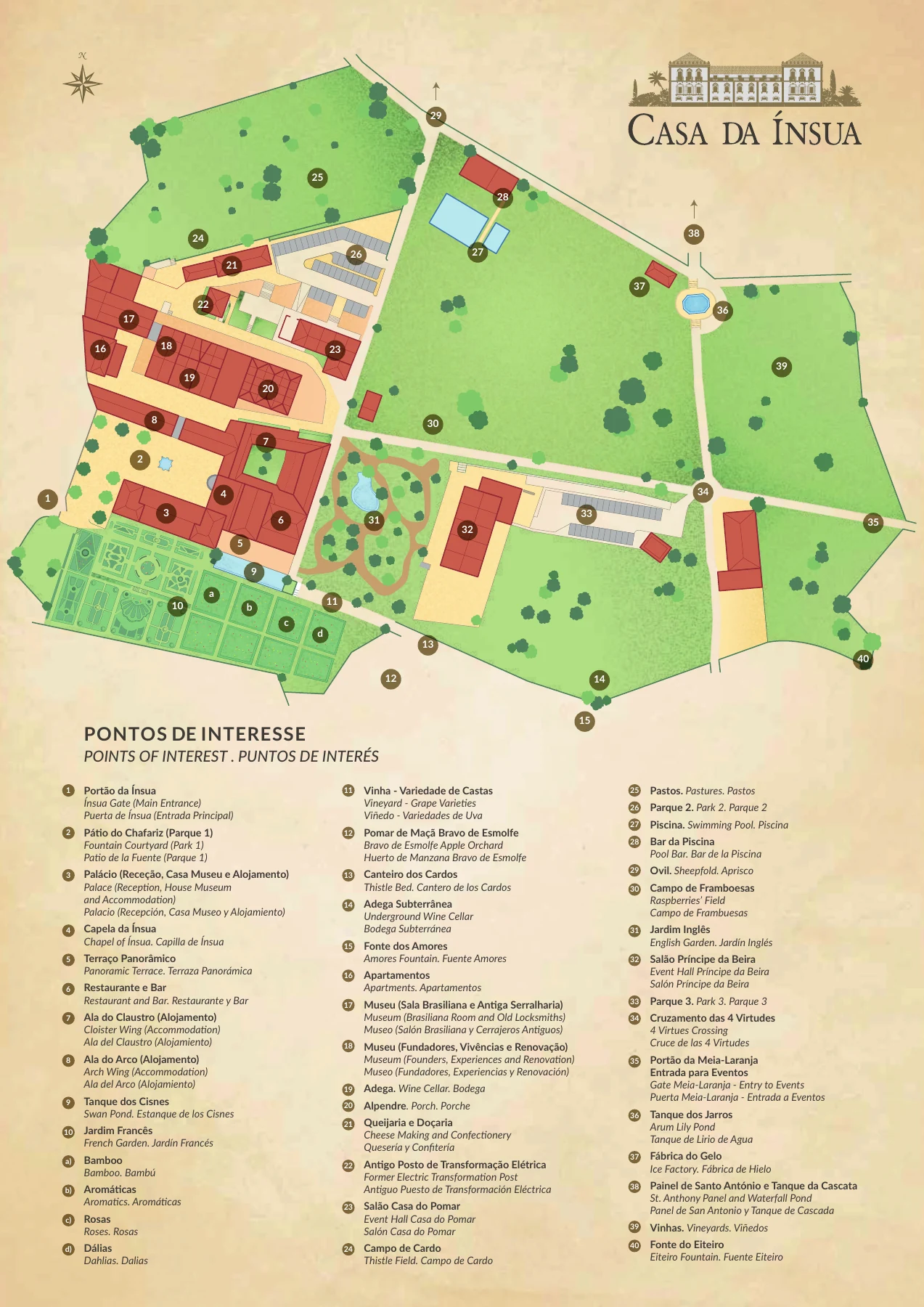 Mapa ilustrado da Casa da Ínsua, com os edifícios, jardins, caminhos e legenda dos pontos de interesse.